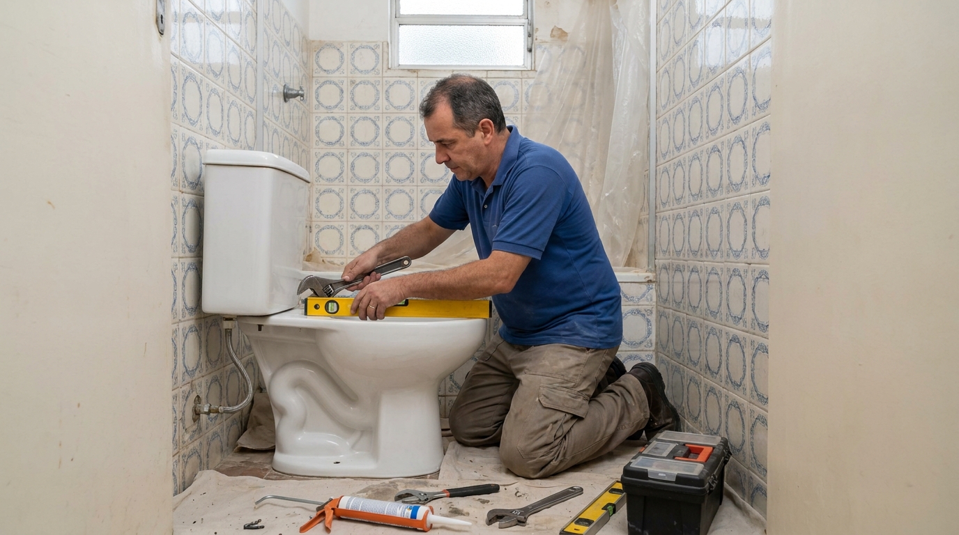 Técnico instalando vaso sanitário em Ipatinga‑MG